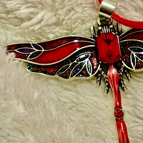 π sale! π NEW Ruby red enamel dragonfly necklace with red woven neck cord - Picture 4 of 4